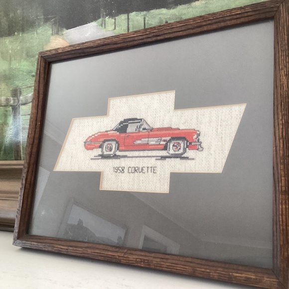 Hand Stitched Corvette Stingray Cross Stitch W/Frame 12”x15” Vintage Sports Car - Picture 3 of 10